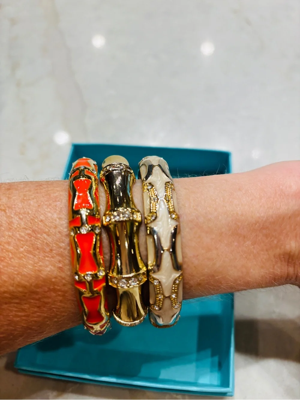 Nordstrom SEQUIN NYC Gold, Orange (dark coral) & Cream Enamel Bangle Trio